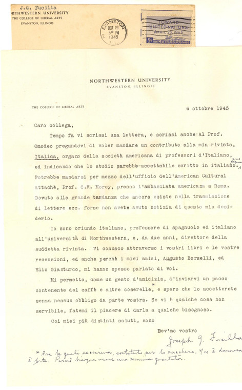 1945 EVANSTON Joseph FUCILLA chiede contributo e invia caffè in Italia AUTOGRAFO