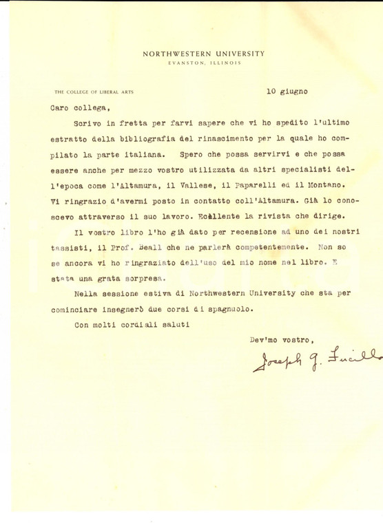 1947 EVANSTON Joseph FUCILLA ringrazia un collega italiano per la citazione