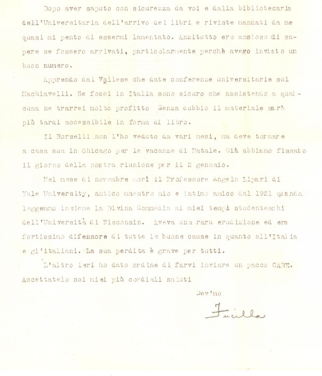 1947 EVANSTON Joseph FUCILLA elogia lo scomparso Angelo LIPARI *Autografo