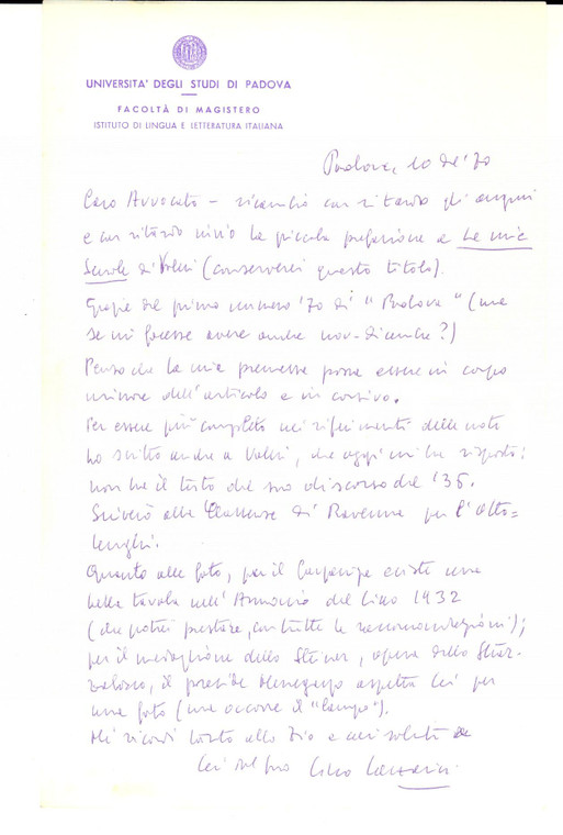 1970 PADOVA Lino LAZZARINI invia premessa per una pubblicazione *Autografo