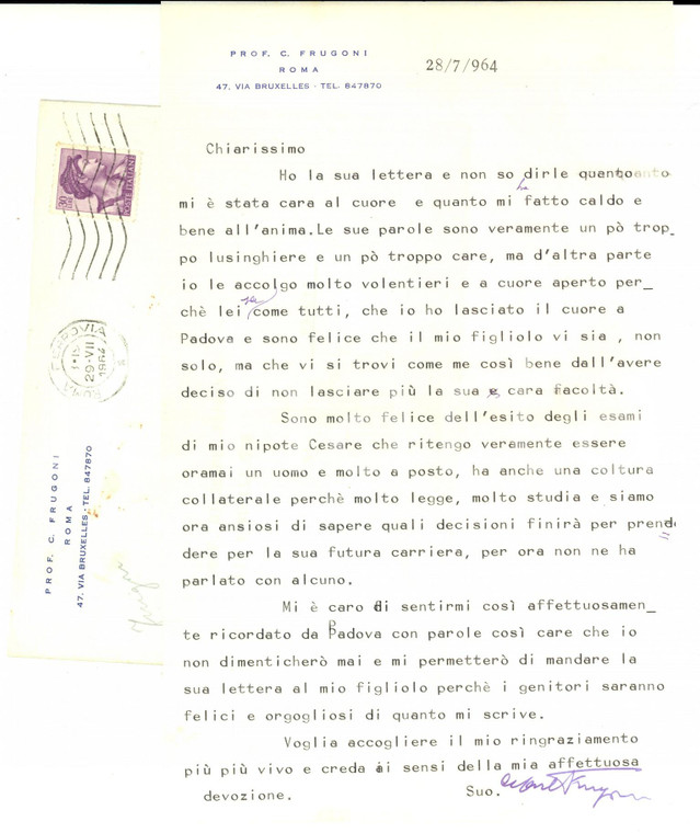1964 ROMA Io ho lasciato il cuore a Padova *Autografo prof. Cesare FRUGONI