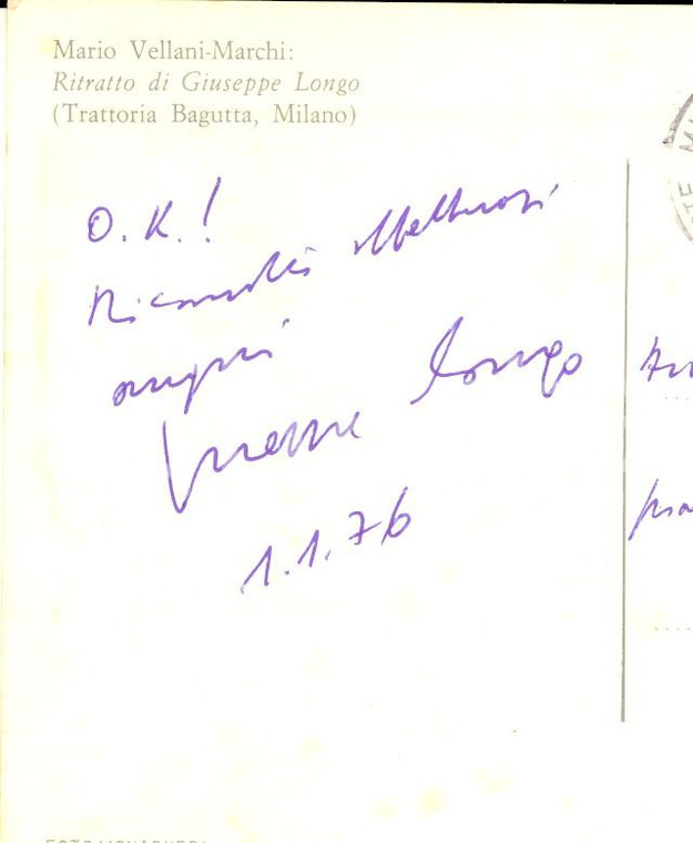 1976 MILANO Cartolina di Giuseppe LONGO su proprio ritratto *Autografo