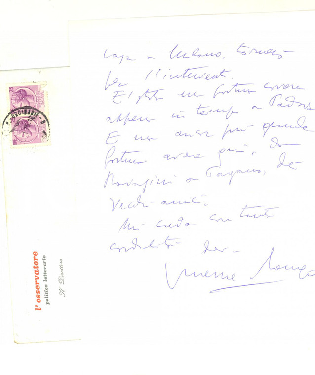 1975 PADOVA Lettera di Giuseppe LONGO per ringraziamento *Autografo 