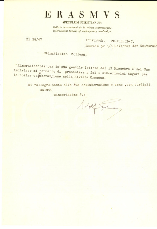 1947 INNSBRUCK Rivista ERASMUS - Adolf GROHMANN ringrazia un collega *Autografo