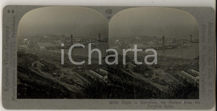 1930 ca BARCELONA (SPAIN) Harbor by night from the Fortress *Stereoview KEYSTONE