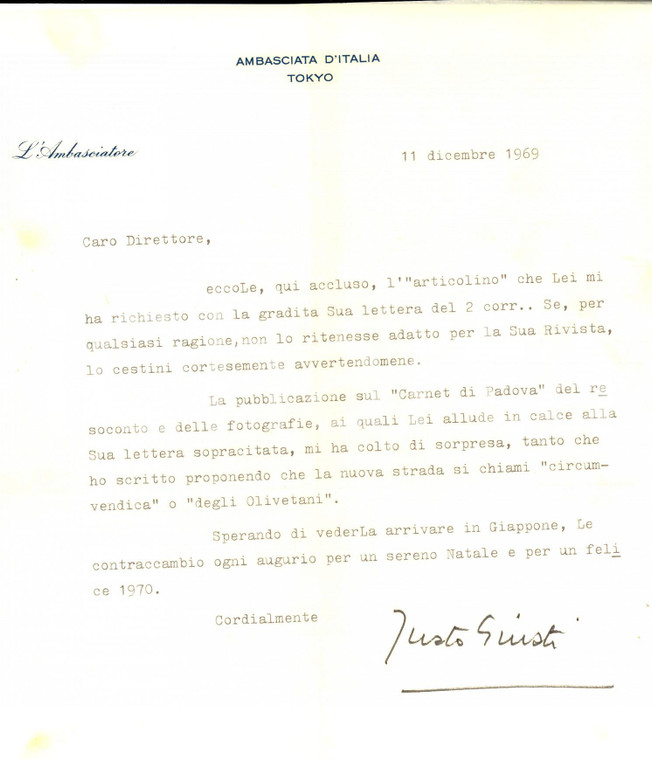1969 TOKYO Ambasciata d'Italia - Justo GIUSTI invia articolo per una rivista