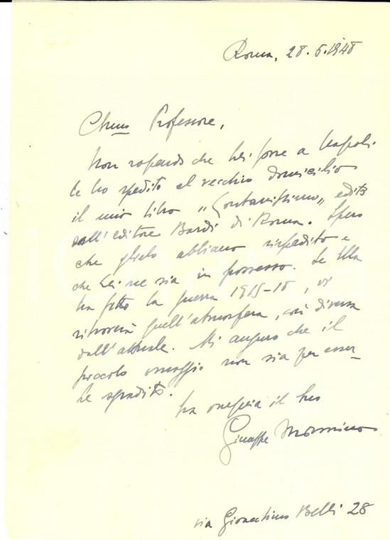 1948 ROMA Giuseppe MORMINO invia libro sulla Prima Guerra Mondiale *Autografo 