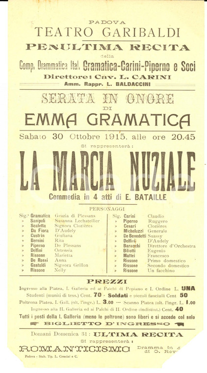 1915 PADOVA TEATRO GARIBALDI Emma GRAMATICA "La marcia nuziale" *Locandina