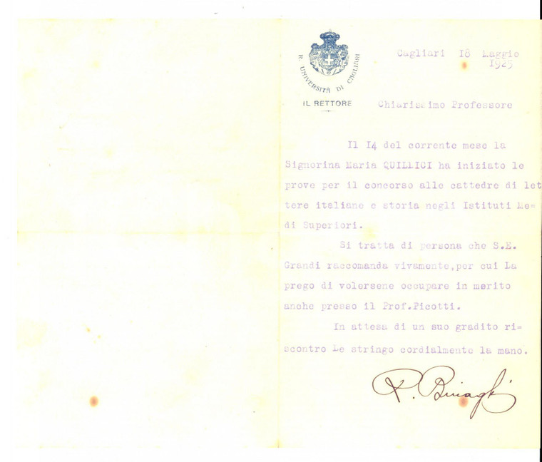 1925 CAGLIARI Rettore Roberto BINAGHI raccomanda candidata concorso - Autografo