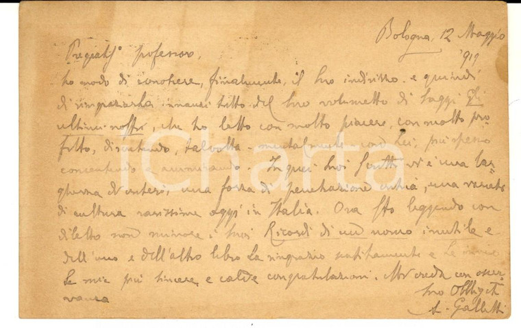 1919 BOLOGNA Alfredo GALLETTI apprezza i lavori di un collega *AUTOGRAFO