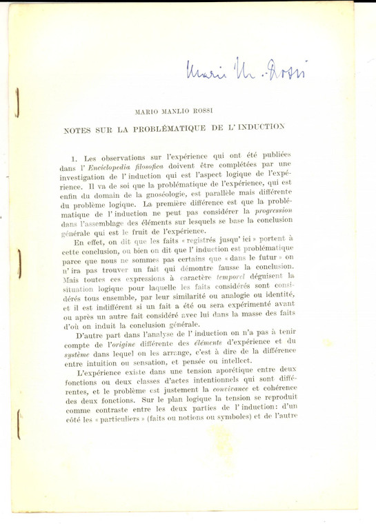 1960 Mario M. ROSSI Notes sur la problématique de l'induction *Invio AUTOGRAFO