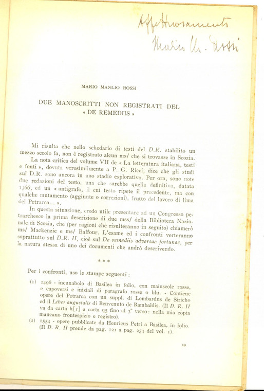 1961 Mario Manlio ROSSI Due manoscritti non registrati del DE REMEDIIS Autografo