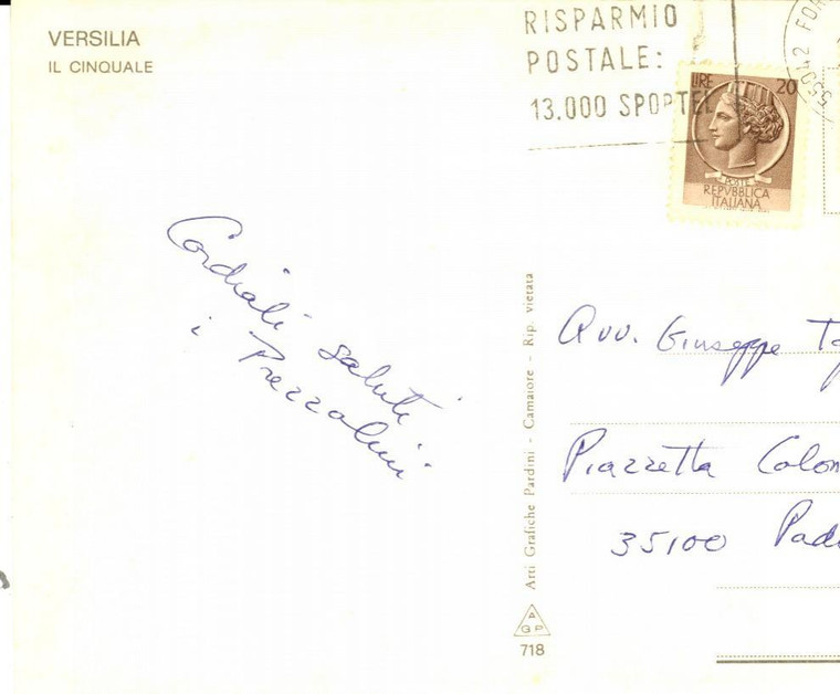 1970 FORTE DEI MARMI Cartolina Gioconda SAVINI PREZZOLINI a un amico - Autografo