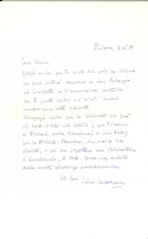 1978 PADOVA Lino LAZZARINI ringrazia un collega per un ricordo *Autografo