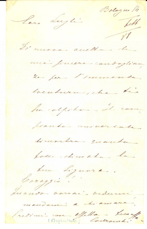 1888 BOLOGNA Lettera conte Giovanni CODRONCHI ARGELI per condoglianze *Autografo