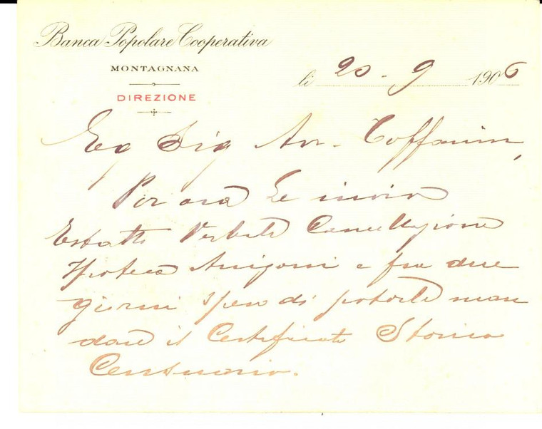 1906 Banca Popolare MONTAGNANA Biglietto direttore Angelo COLOMBELLI*Autografo