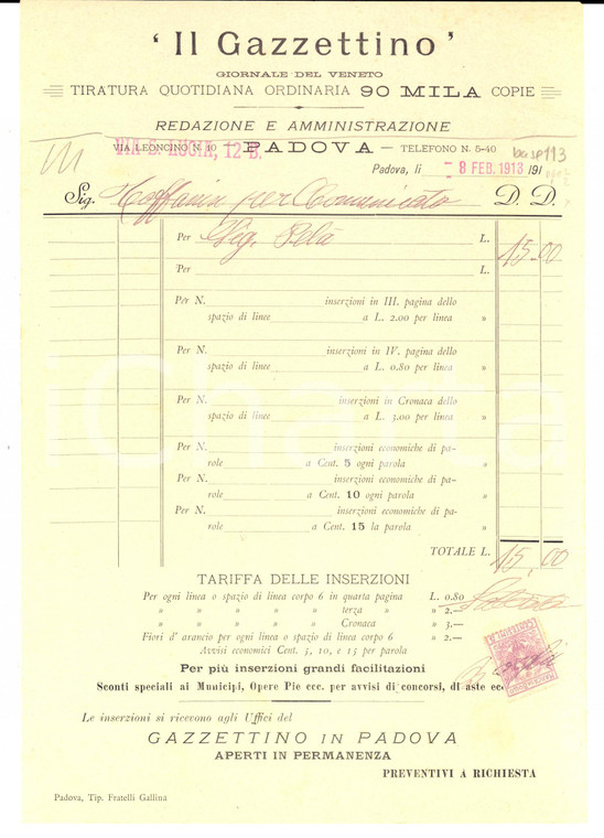 1913 PADOVA Il GAZZETTINO - Giornale del Veneto *Fattura con bollo