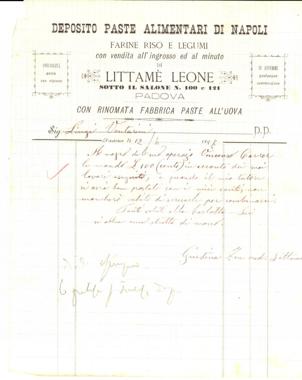 1897 PADOVA Ditta Leone LITTAME Deposito paste alimentari *Conto manoscritto