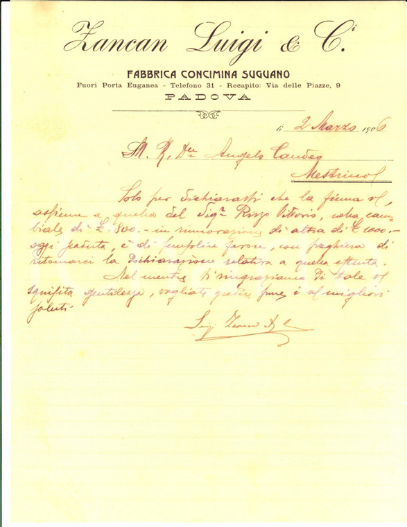 1906 PADOVA Luigi ZANCAN Fabbrica concimina suguano *Lettera commerciale