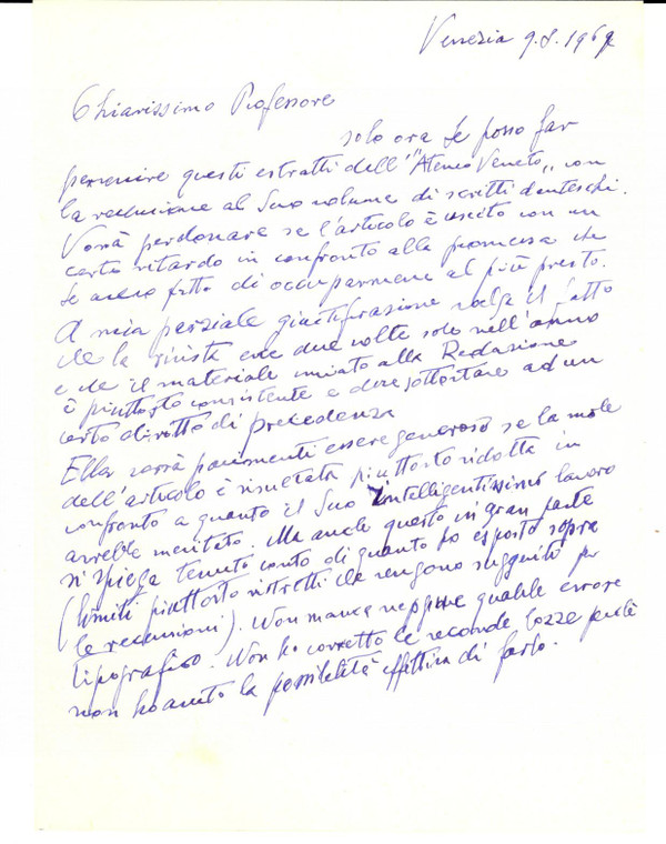 1969 VENEZIA Lettera Francesco Tullio ROFFARE' a uno studioso *Autografo
