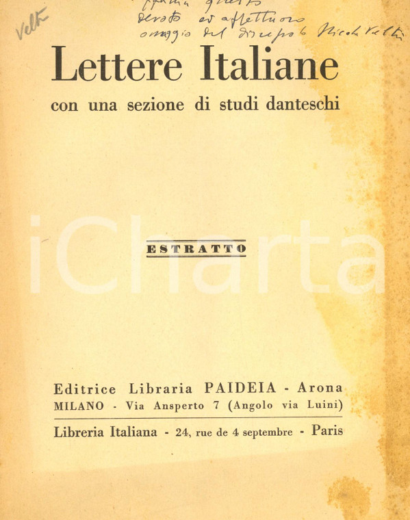 1950 Nicola VELTRI La Francesca e il "Canto" della poesia di Dante *AUTOGRAFO
