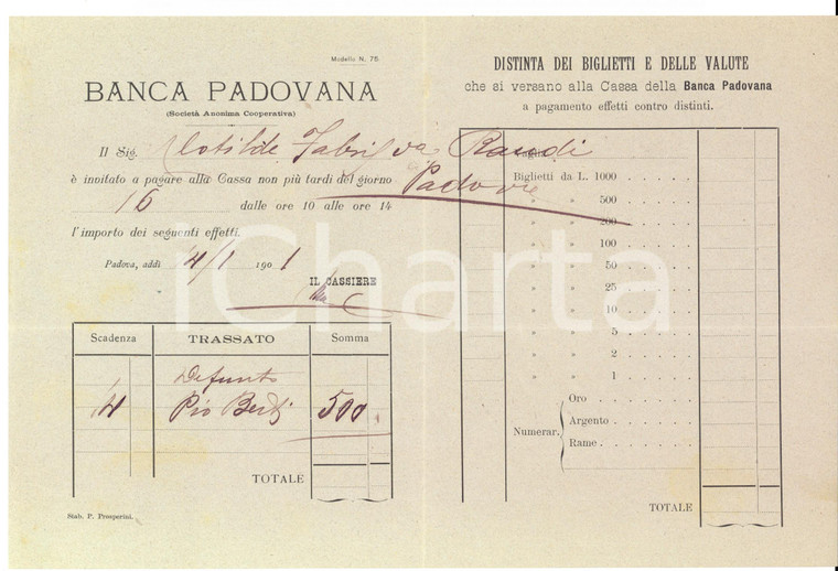 1901 PADOVA Banca Padovana - Invito al pagamento di cambiali e distinta