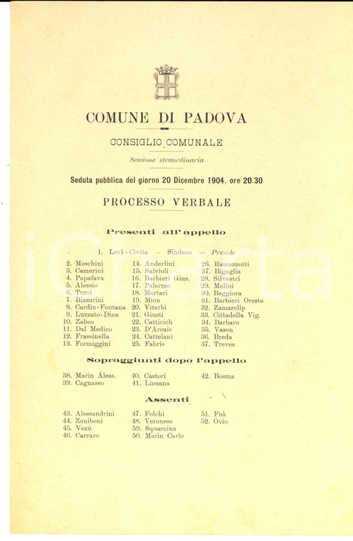 1904 PADOVA Seduta del Consiglio Comunale - Terreno frazione MANDRIA uso scuola