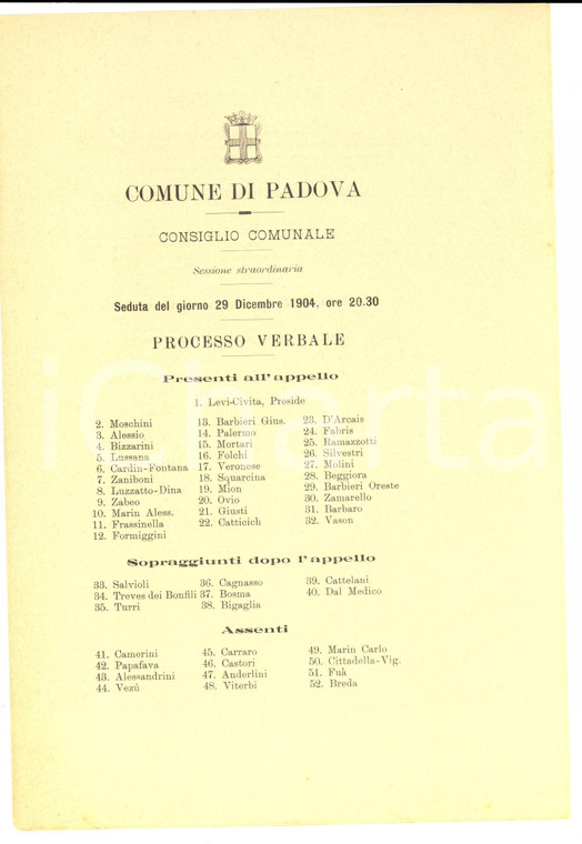 1904 PADOVA Seduta Consiglio Comunale - Acquistr terreno MANDRIA uso scuola