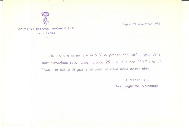 1958 NAPOLI Amministrazione Provinciale - Invito pranzo pro giornalisti greci