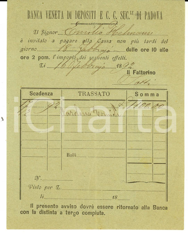 1892 PADOVA Banca Veneta di Depositi - Invito al pagamento di cambiali 