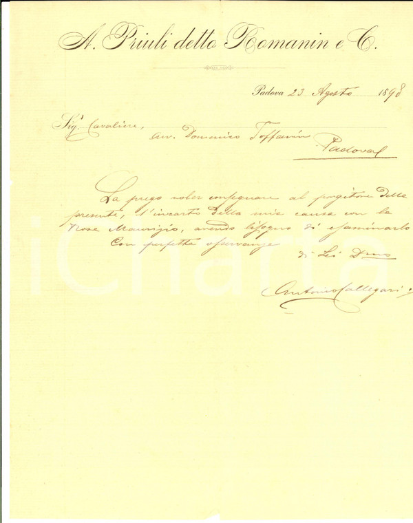 1898 PADOVA Ditta A. PRIULI detto ROMANIN & C. Lettera su carta intestata