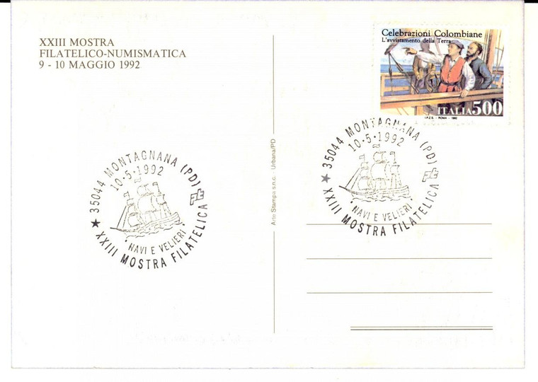 1992 STORIA POSTALE MONTAGNANA XXIII Mostra Filatelica Navi e Velieri *Annullo