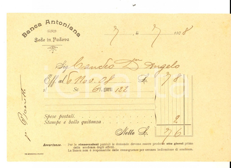 1908 PADOVA Banca ANTONIANA - Ricevuta per rendita su cambiali *Carta intestata