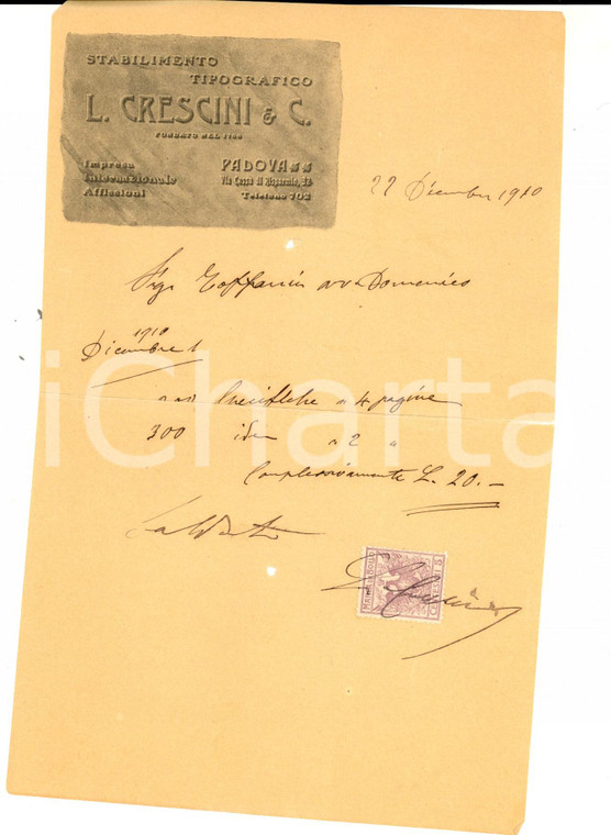 1910 PADOVA Stabilimento tipografico L. CRESCINI & C. *Fattura intestata