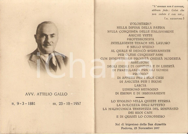 1957 PADOVA In memoria dell'avvocato Attilio GALLO *Santino con ritratto
