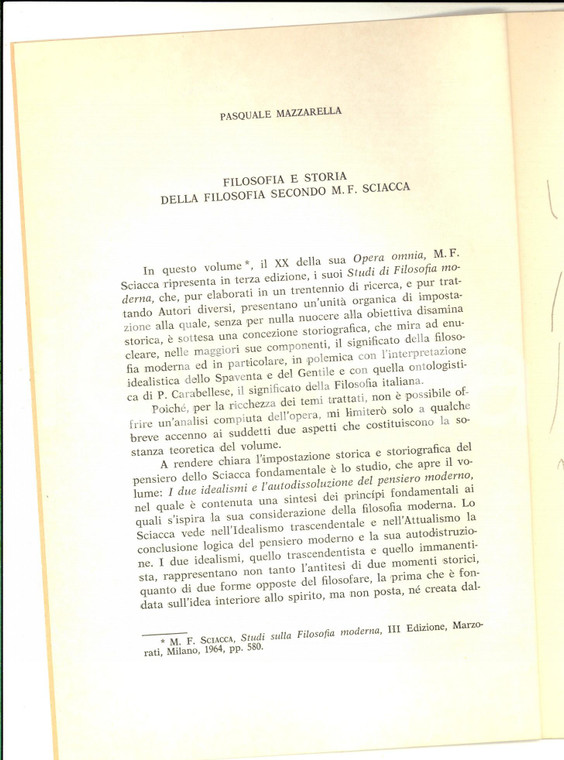 1972 MILAZZO Pasquale MAZZARELLA Filosofia secondo M. F. Sciacca *AUTOGRAFO