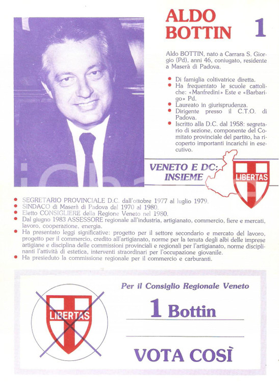 1985 DEMOCRAZIA CRISTIANA Aldo BOTTIN Candidato elezioni regionali VENETO