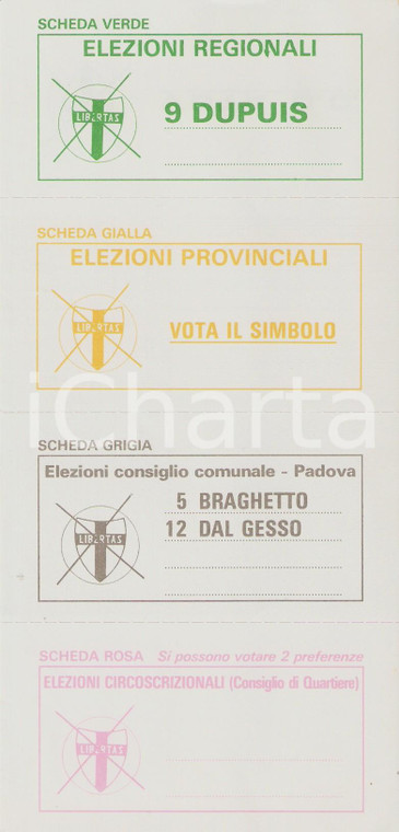 1985 PADOVA Propaganda DEMOCRAZIA CRISTIANA *Facsimile scheda elettorale 10x21