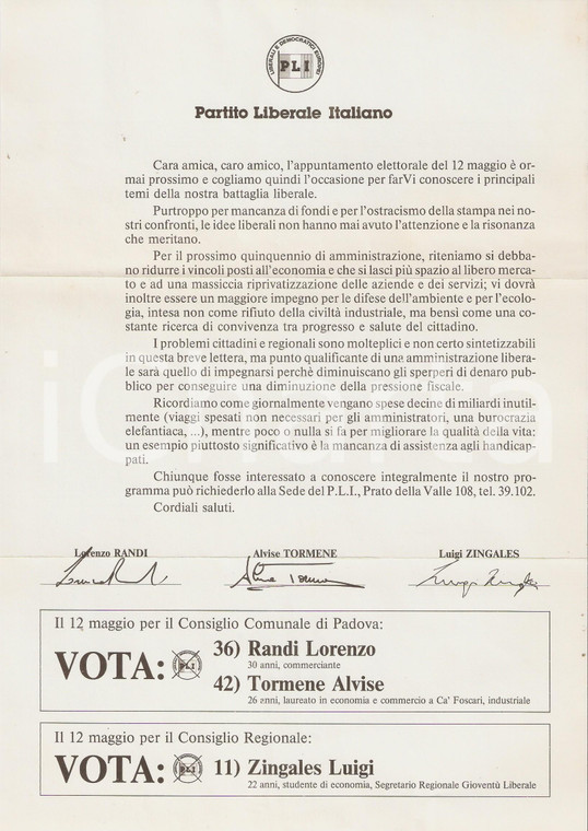 1985 PADOVA Luigi ZINGALES e Lorenzo RANDI scrivono a elettori PARTITO LIBERALE 