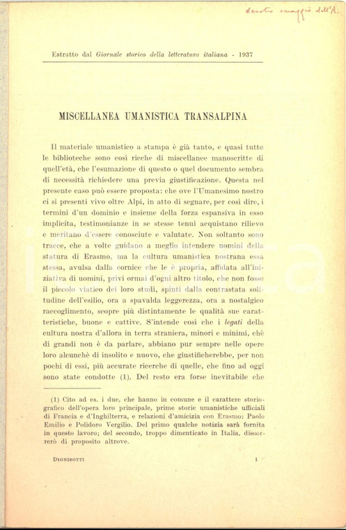 1937 Carlo DIONISOTTI Miscellanea umanistica transalpina *Invio AUTOGRAFO