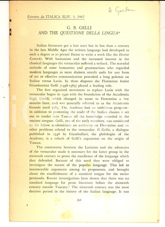 1967 Armand L. DE GAETANO G. B. Gelli e la questione della lingua *Estratto