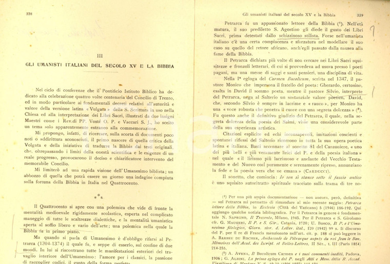 1946 Salvatore GAROFALO Umanisti italiani del secolo XV e la Bibbia *Autografo