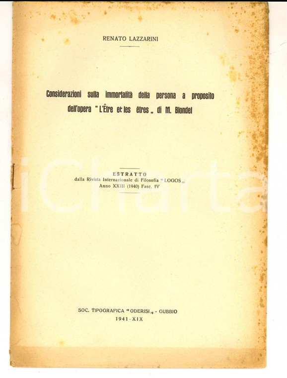 1941 Renato LAZZARINI A proposito dell'opera "L'Etre et les etres" di M. BLONDEL
