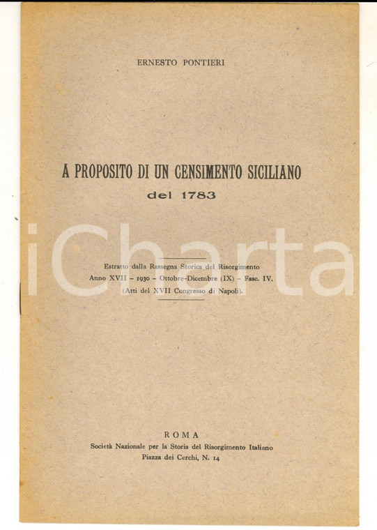 1930 Ernesto PONTIERI A proposito di un censimento siciliano del 1783 *Estratto
