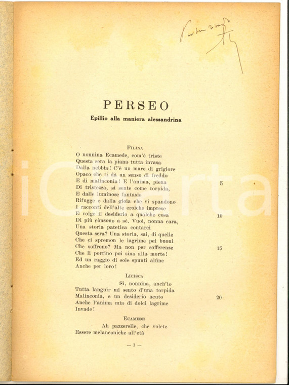 1941 Angelo TACCONE Perseo - Epillio alla maniera alessandrina *Invio AUTOGRAFO