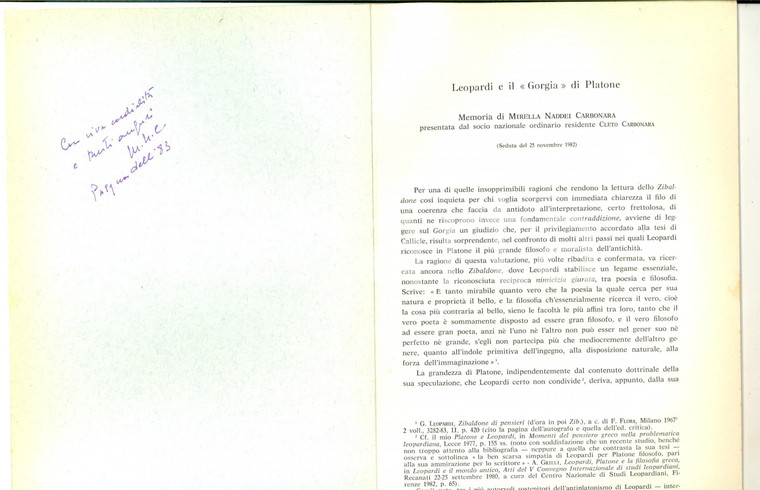 1983 Mirella CARBONARA NADDEI Leopardi e il "Gorgia" di Platone *Invio AUTOGRAFO