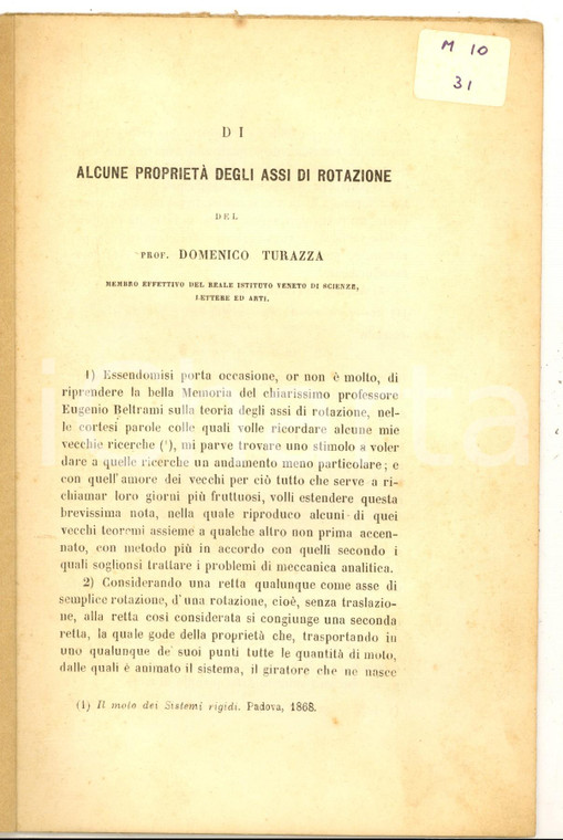 1889 Domenico TURAZZA Di alcune proprietà degli assi di rotazione 14 pp.