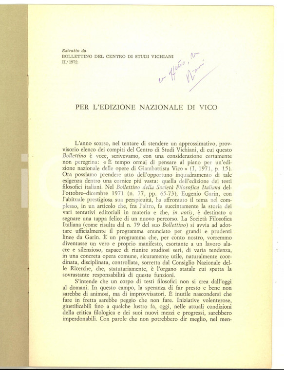 1972 Pietro PIOVANI Per l'edizione nazionale di VICO *Invio AUTOGRAFO 8 pp.