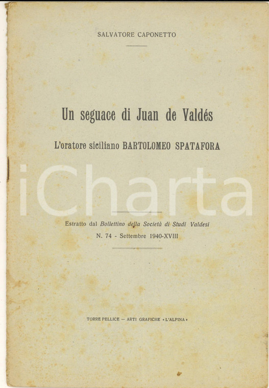 1940 Salvatore CAPONETTO L'oratore siciliano Bartolomeo SPATAFORA *STUDI VALDESI