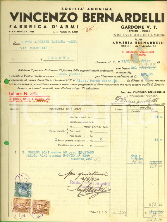 1939 GARDONE VAL TROMPIA Vincenzo BERNARDELLI fabbrica d'armi *Fattura con bolli